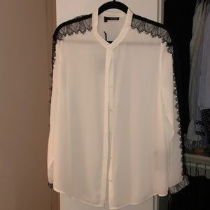 The Kooples white silk shirt w black lace detail